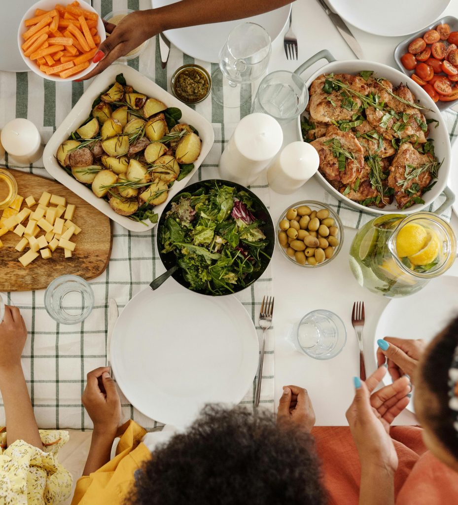 Overhead view of family dinner